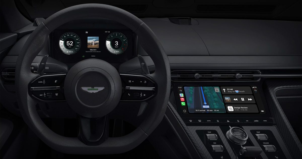 Apple CarPlay Ultra v Aston Martin — přístrojový štít i infotainment displej s navigací