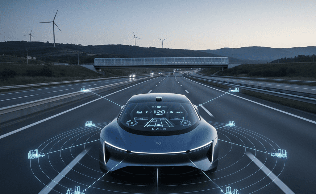 Autonomní vozidlo na dálnici s vizualizací LiDAR a radarových senzorů