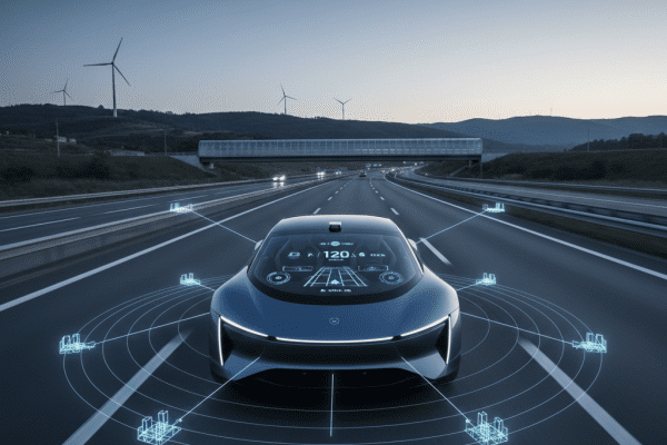 Autonomní vozidlo na dálnici s vizualizací LiDAR a radarových senzorů