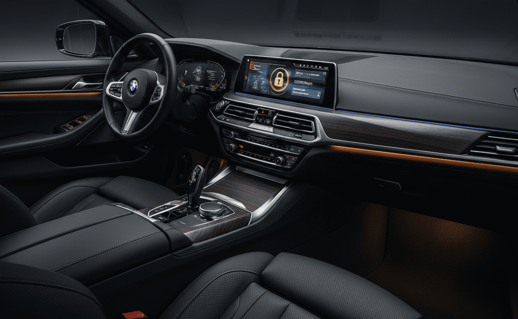 BMW interiér s uzamčenou funkcí na obrazovce — předplatné v autech