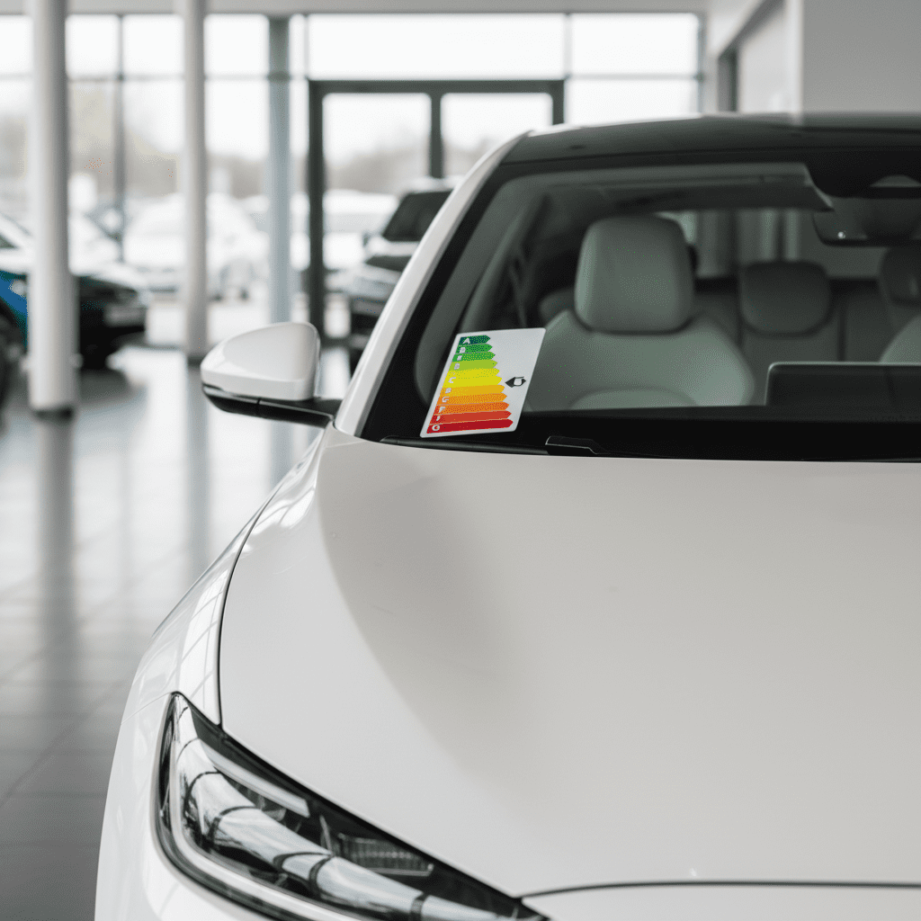 Detail energetického štítku A až G na elektromobilu v evropském autosalonu