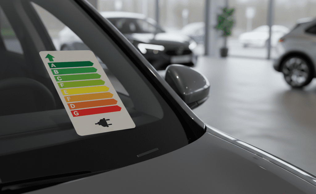 Energetický štítek na čelním skle elektromobilu v autosalonu