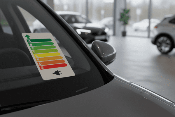 Energetický štítek na čelním skle elektromobilu v autosalonu