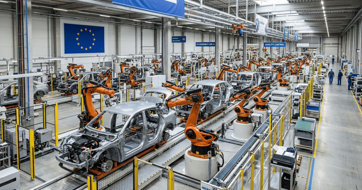 Výrobní linka elektromobilů v evropské továrně s vlajkou EU