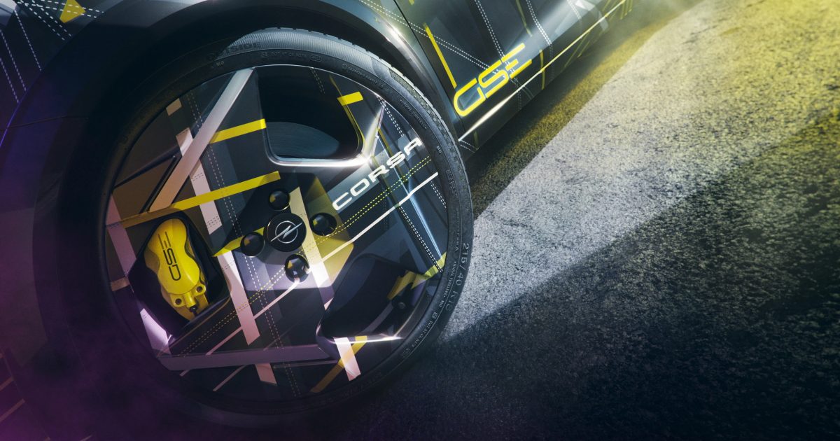 Opel Corsa GSE 2026 teaser — detail kola se žlutými brzdovými třmeny a logem GSE