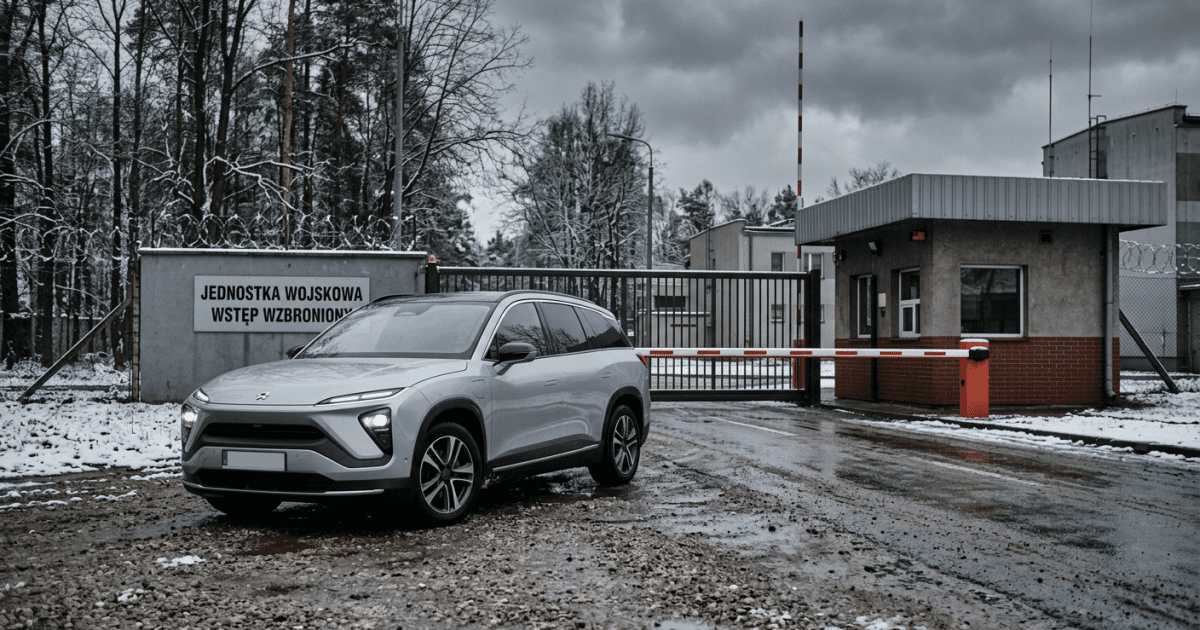 Čínské elektrické SUV před branou polské vojenské základny