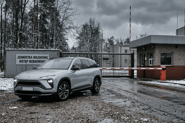 Čínské elektrické SUV před branou polské vojenské základny