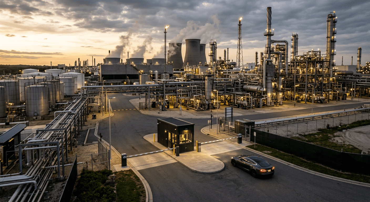 Bezpečnostní brána průmyslového areálu s přijíždějícím vozidlem