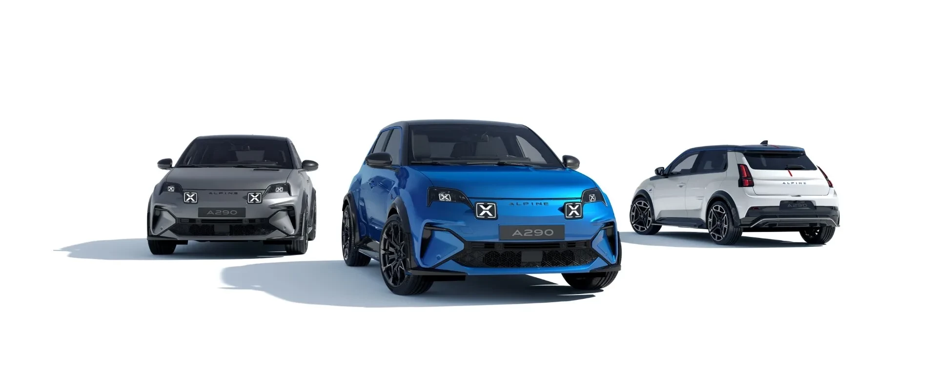Alpine A290 ve třech barevných provedeních zepředu a zezadu