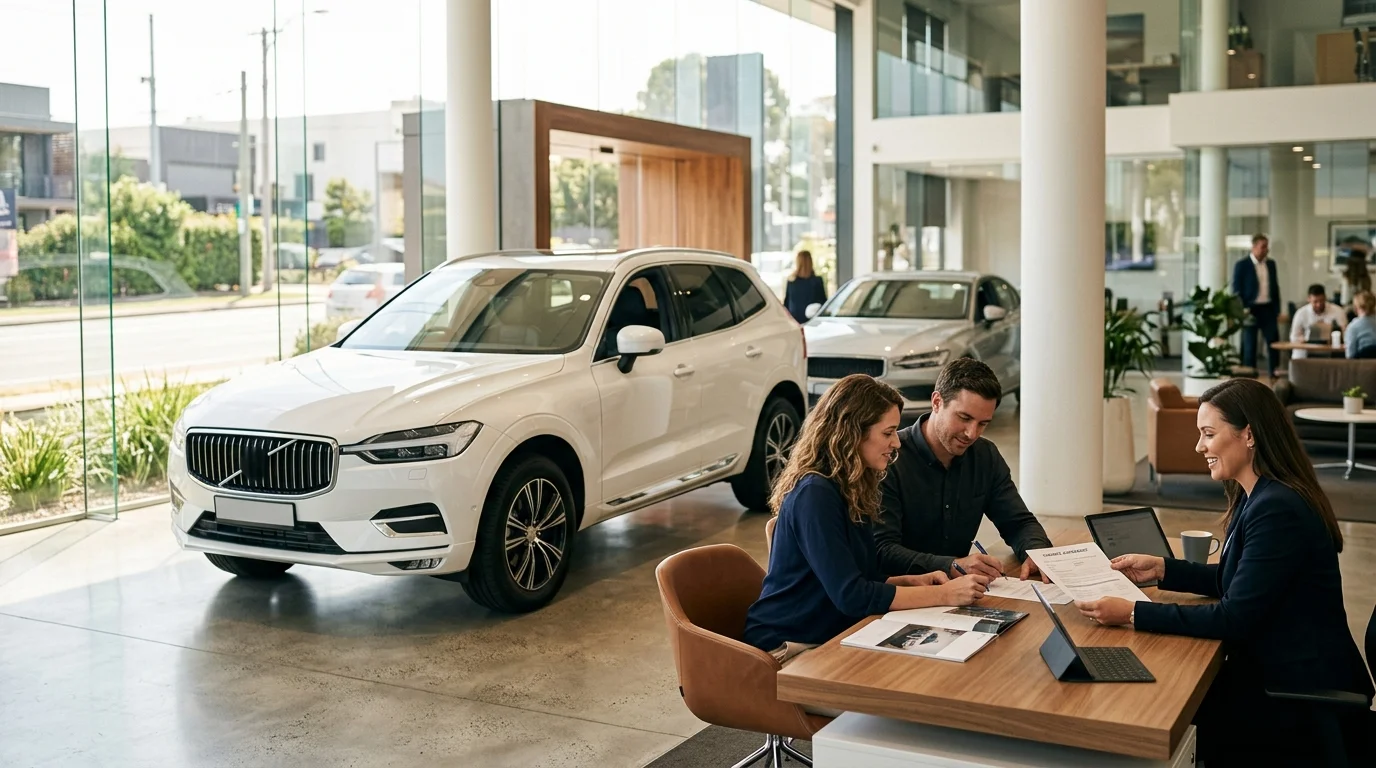Pár v autosalonu prohlíží dokumenty k financování nového auta
