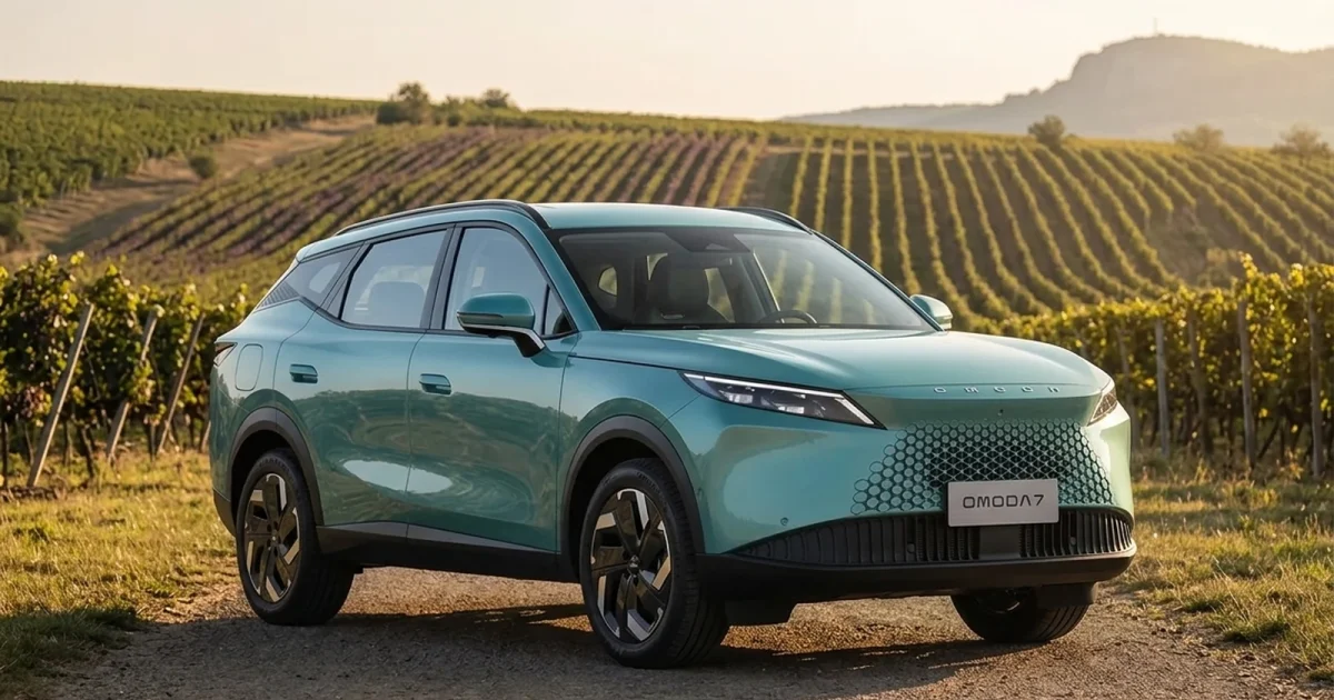 Omoda 7 Super Hybrid v barvě Larimar Green zaparkovaná u moravských vinic pod Pálavou