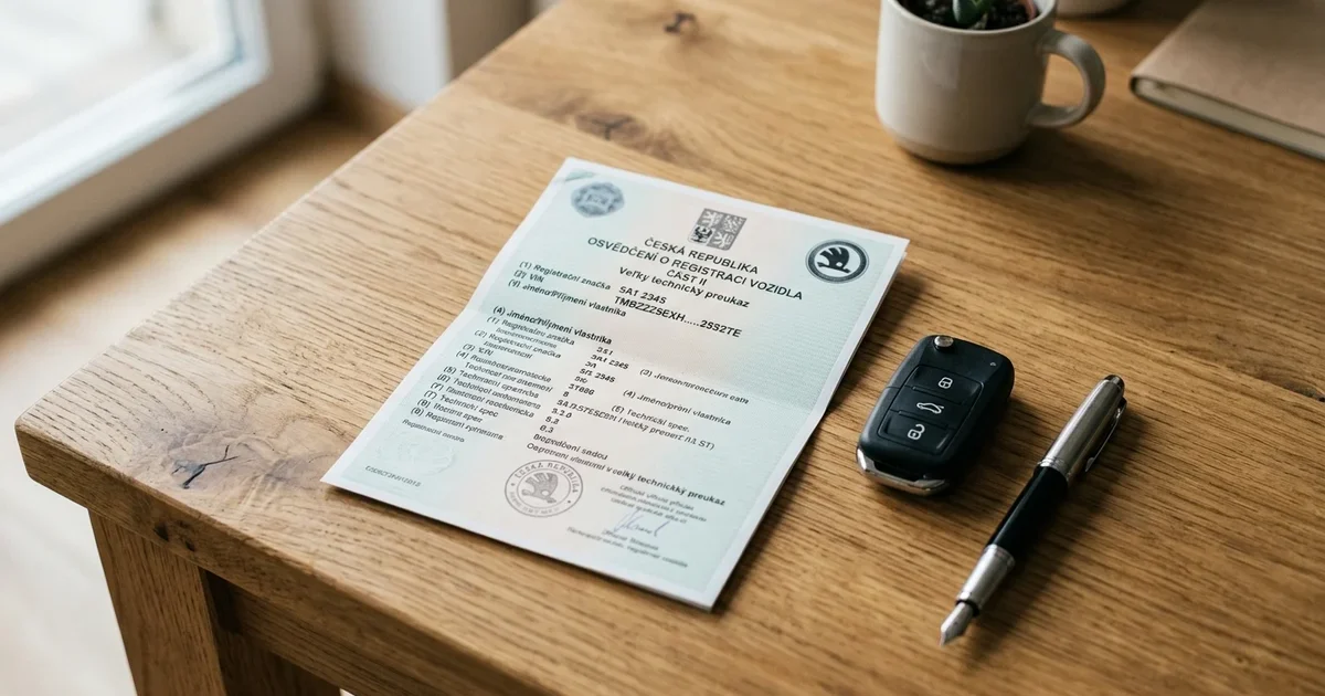 Osvědčení o registraci vozidla (malý technický průkaz) na stole s klíčky od auta a propiskou