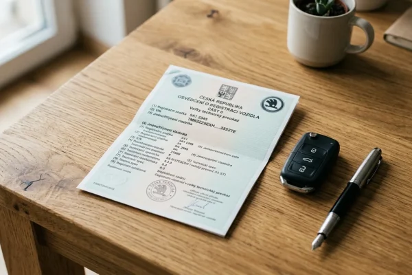 Osvědčení o registraci vozidla (malý technický průkaz) na stole s klíčky od auta a propiskou
