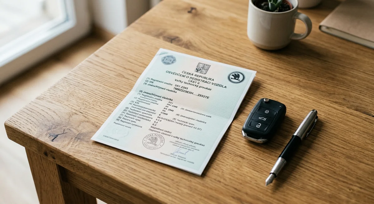 Osvědčení o registraci vozidla (malý technický průkaz) na stole s klíčky od auta a propiskou