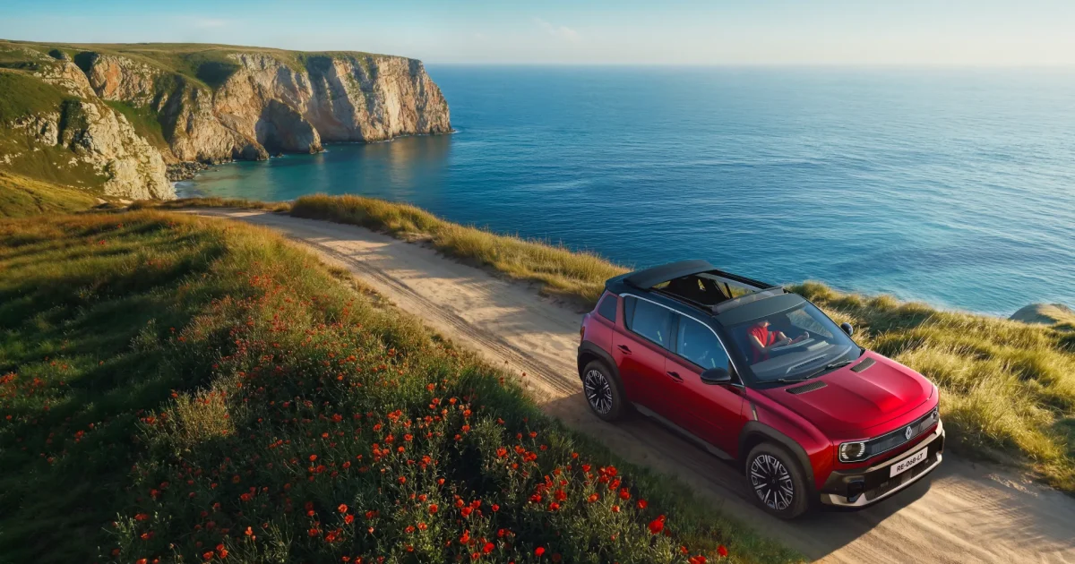 Renault 4 E-Tech Electric Plein Sud — červený elektrický crossover s otevřenou plátěnou střechou na pobřežní cestě