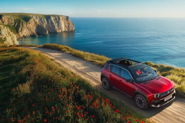 Renault 4 E-Tech Electric Plein Sud — červený elektrický crossover s otevřenou plátěnou střechou na pobřežní cestě