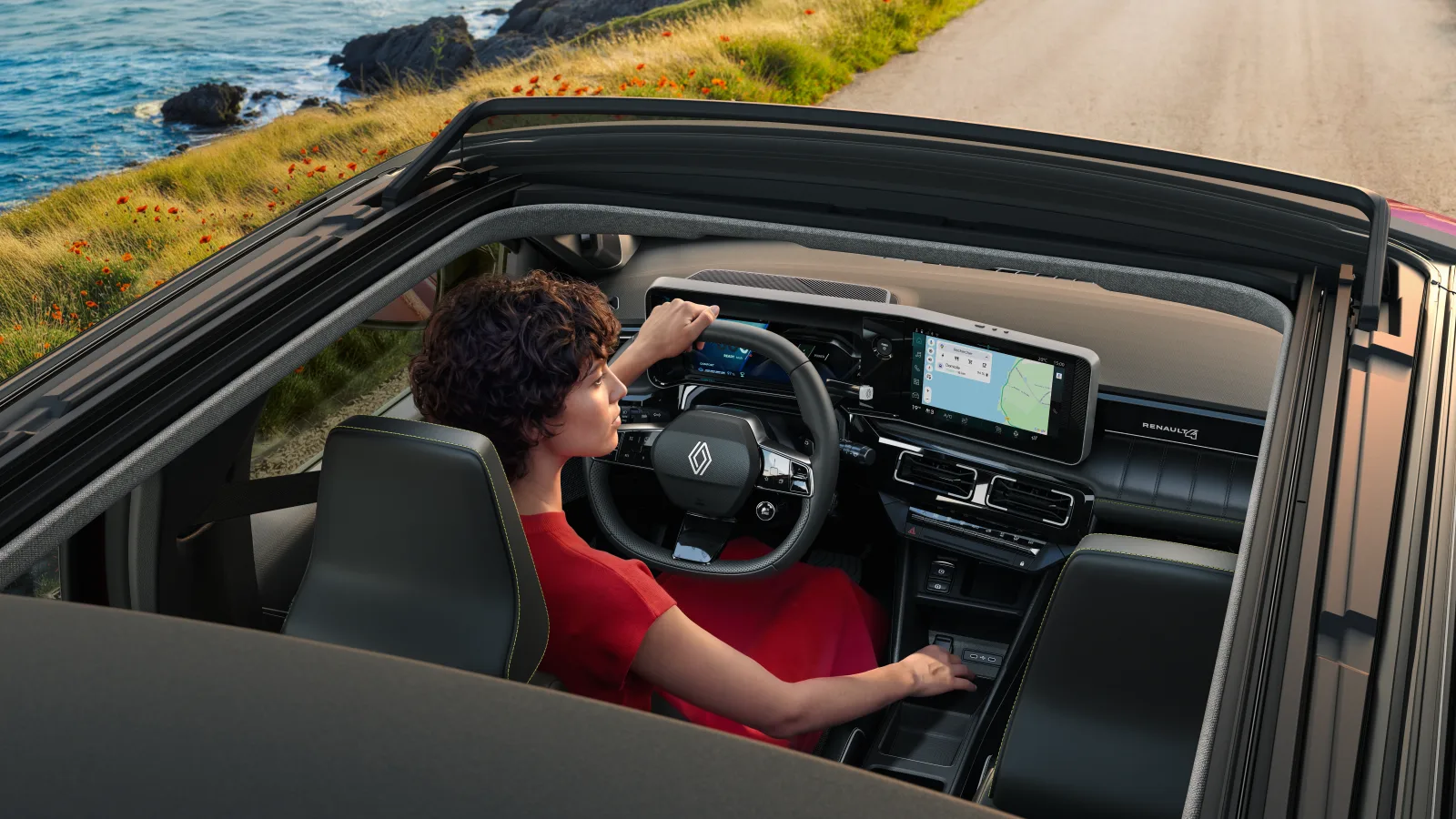 Renault 4 Plein Sud — interiér s palubní deskou a otevřenou plátěnou střechou