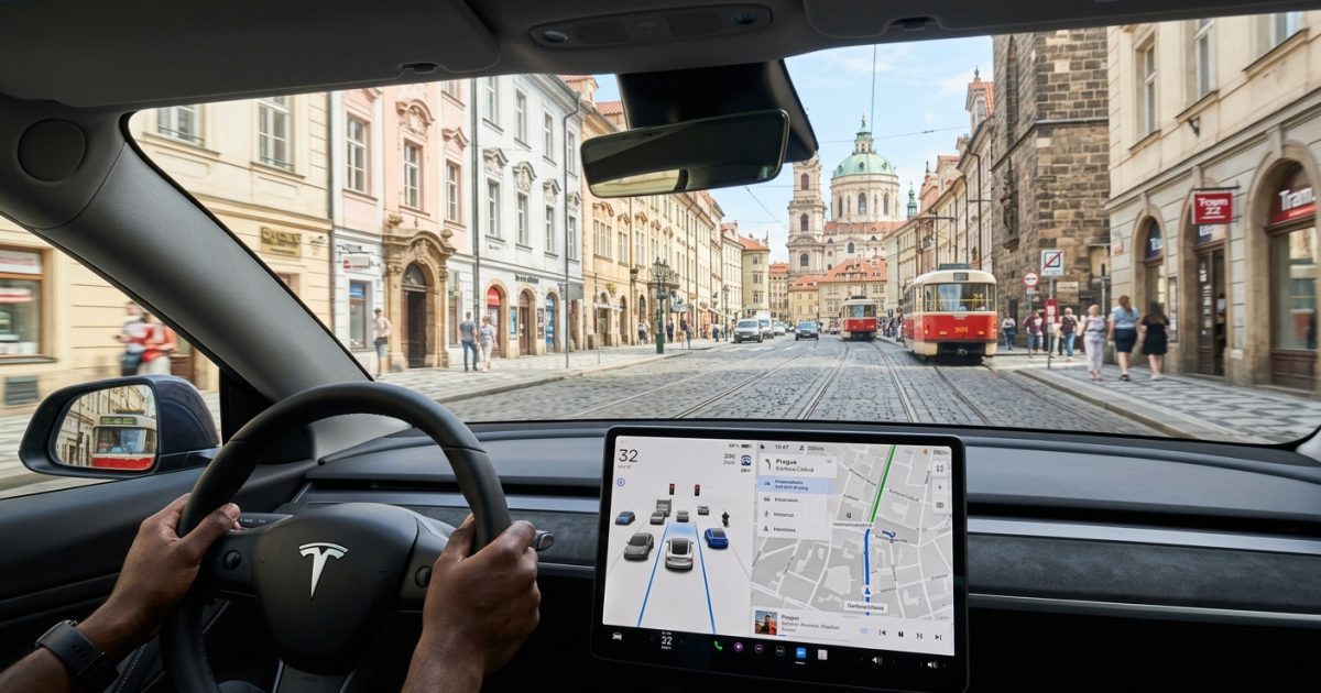 Tesla Model Y interiér s FSD displejem při jízdě Prahou