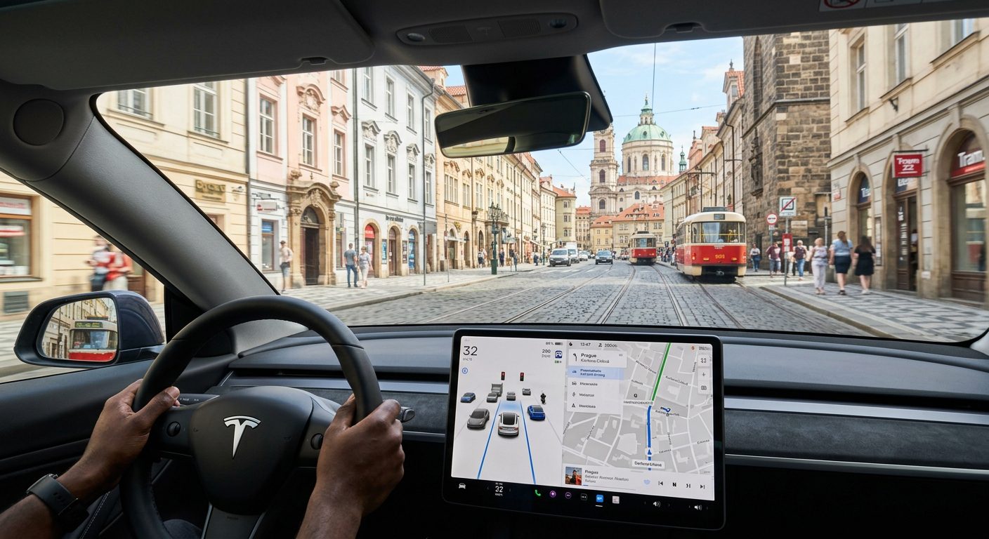 Tesla FSD Supervised interiér během jízdy