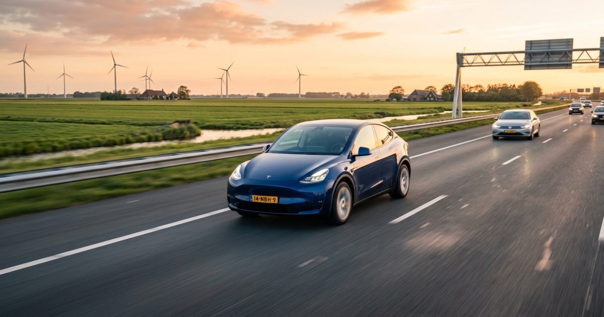 Tesla Model Y v nizozemské krajině