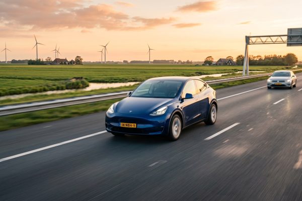 Tesla Model Y v nizozemské krajině