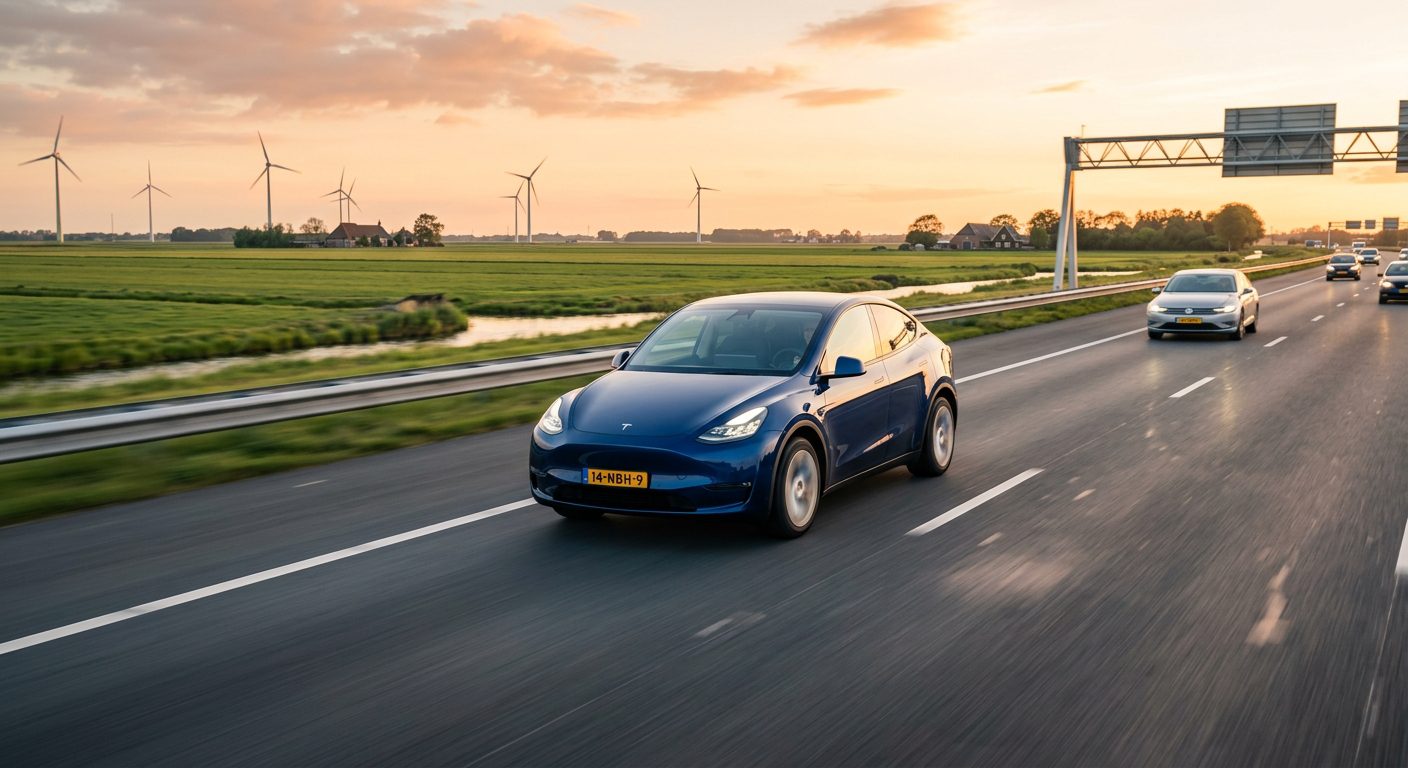 Tesla Model Y v nizozemské krajině