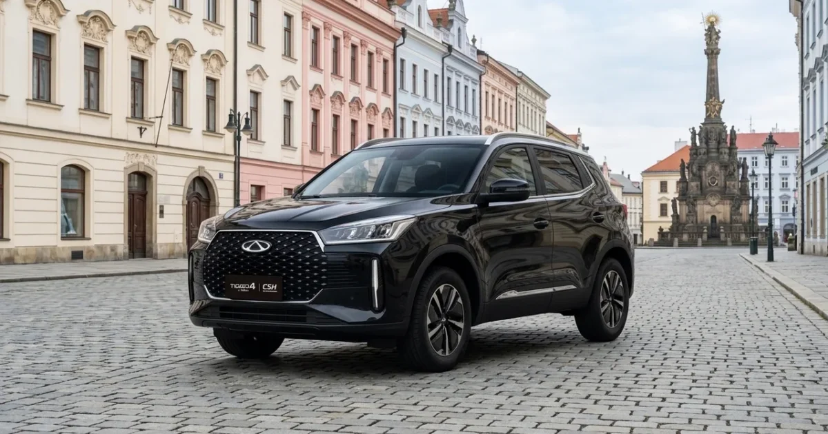 Chery Tiggo 4 HEV, černá metalíza, na olomouckém Horním náměstí s Sloupem Nejsvětější Trojice v pozadí