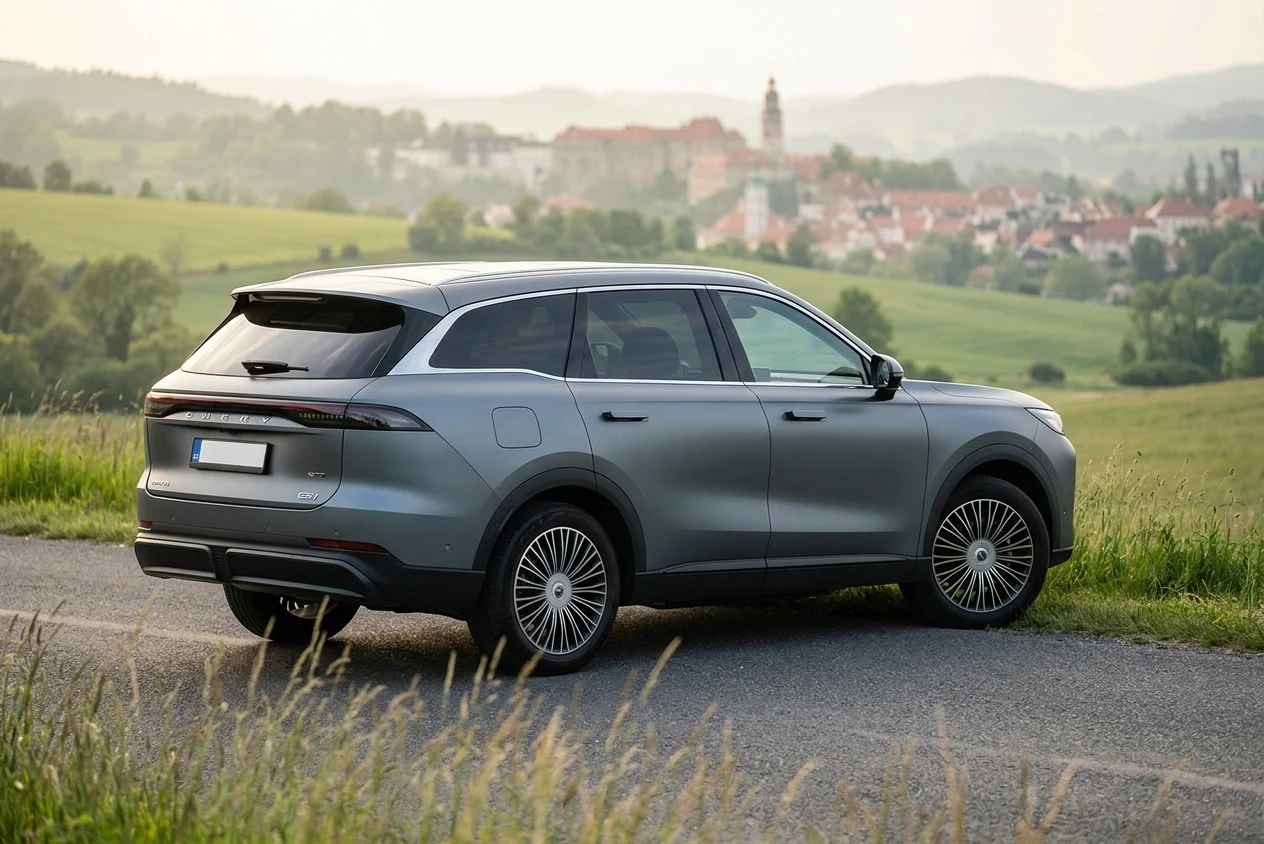 Chery Tiggo 9 PHEV — boční profil v jihočeské krajině