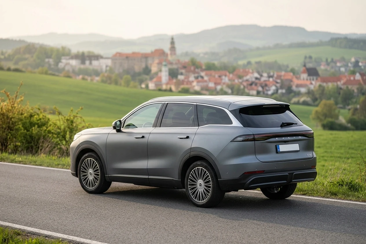 Chery Tiggo 9 PHEV — pohled zezadu v české krajině