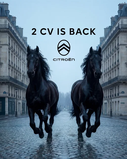 Teaser Citroën 2 CV 2026 s černými koňmi v ulicích Paříže