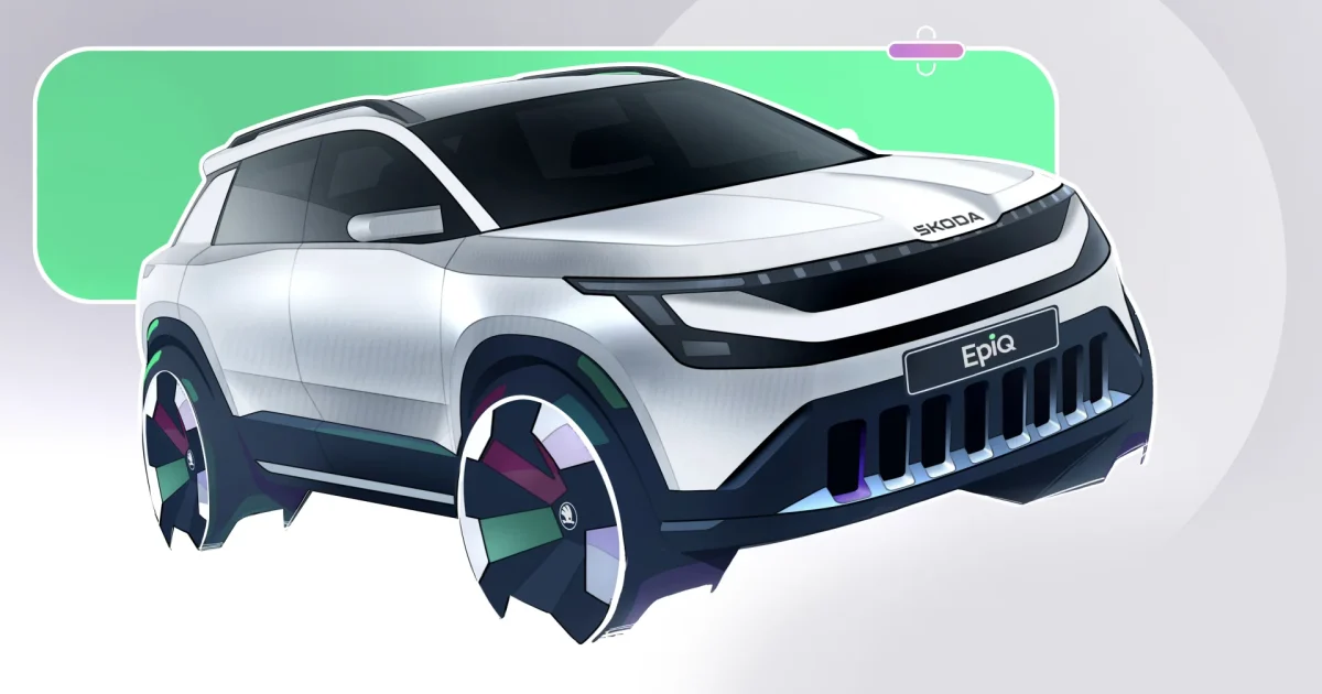 Škoda Epiq - design skica předního pohledu na elektrické kompaktní SUV