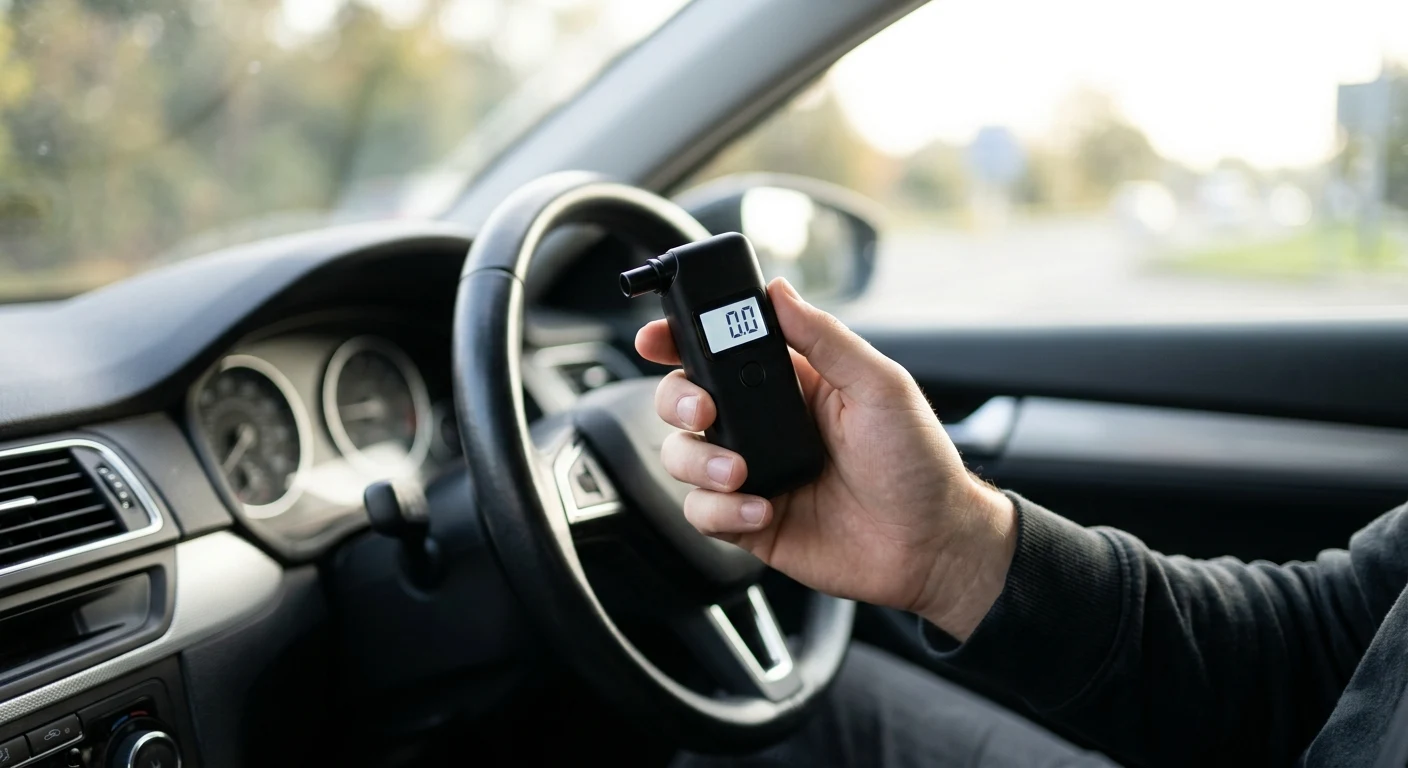Ruka drží digitální alkohol tester s displejem 0.0 v autě za volantem