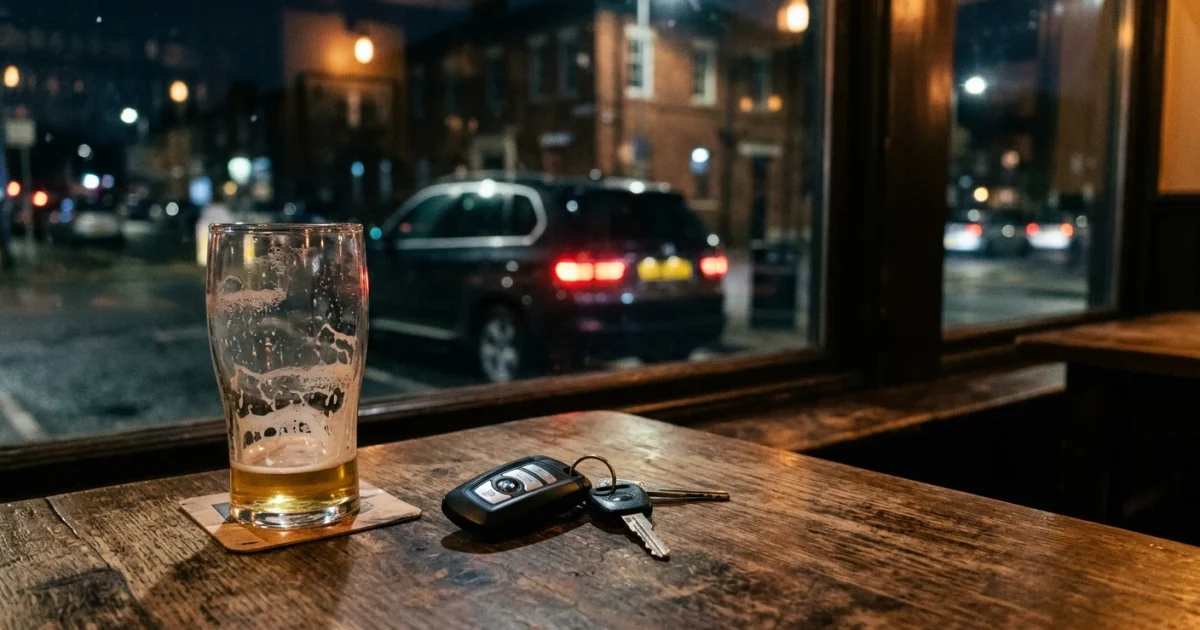Nedopité pivo a klíče od auta na stole v hospodě, za oknem zaparkované auto