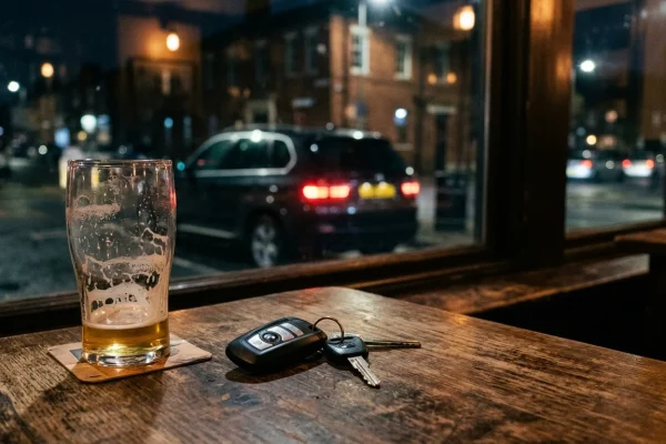 Nedopité pivo a klíče od auta na stole v hospodě, za oknem zaparkované auto