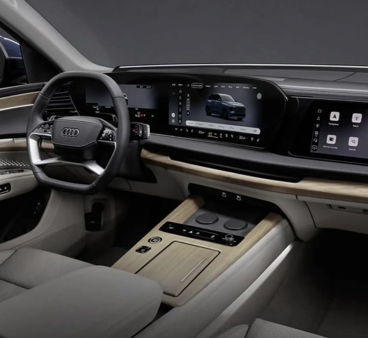 Uniklý interiér nové Audi Q7 - zakřivený displej, dřevěný dekor a minimum tlačítek