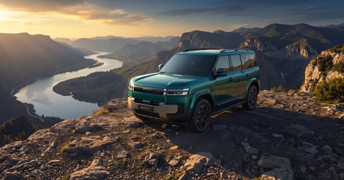 BYD Ti 7 - zelené terénní SUV na horském hřebeni nad říčním kaňonem
