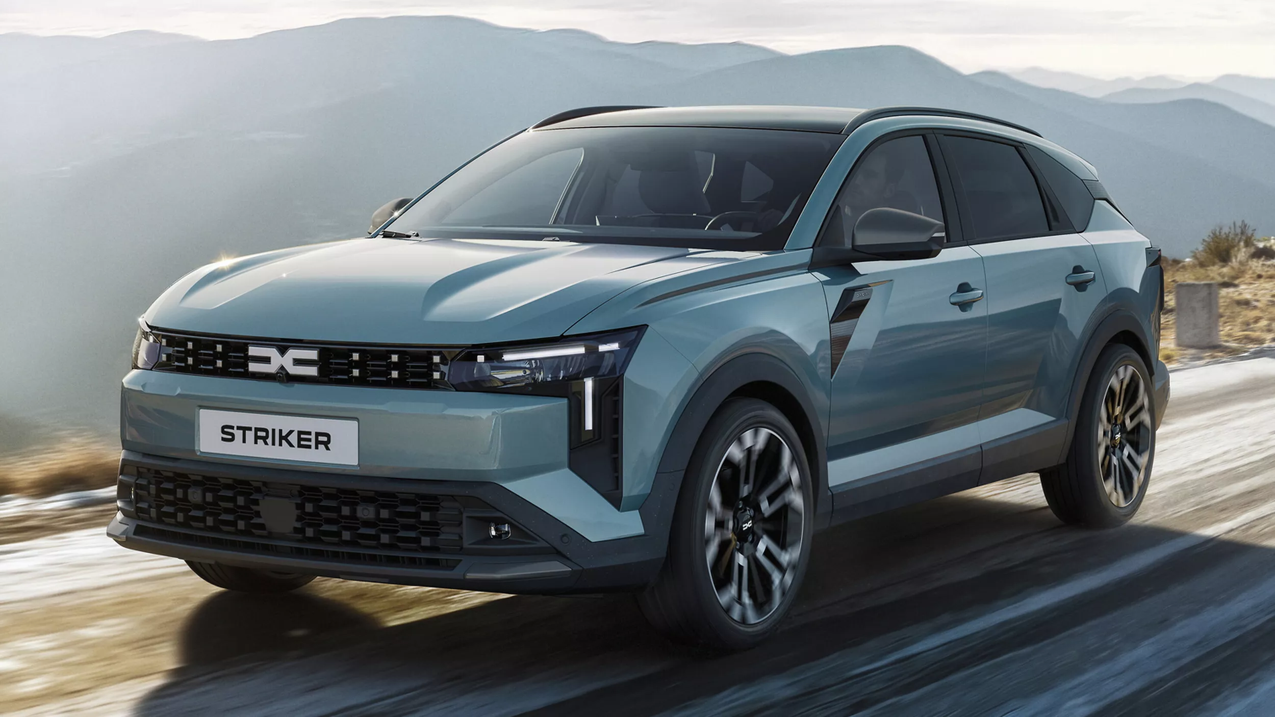 Dacia Striker zepředu na silnici, robustní rodinný crossover-kombi