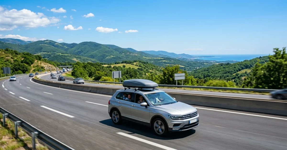 Rodinné SUV se střešním boxem na dálnici míří k moři
