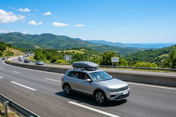 Rodinné SUV se střešním boxem na dálnici míří k moři