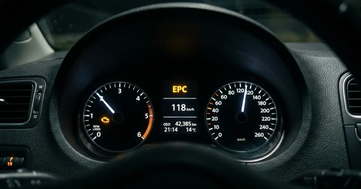 Žlutá kontrolka EPC svítící na přístrojovém štítu vozu koncernu Volkswagen