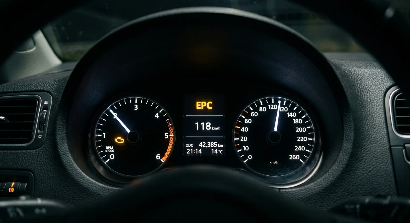 Žlutá kontrolka EPC a kontrolka motoru na přístrojovém štítu vozu Volkswagen