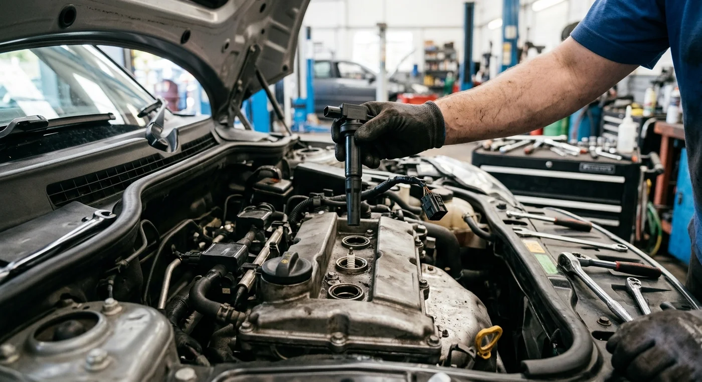 Mechanik vytahuje tužkovou zapalovací cívku z tříválcového benzinového motoru