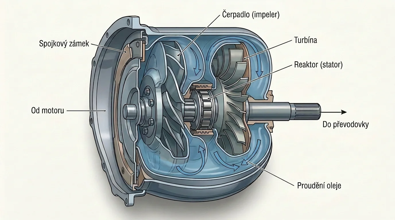 Řez hydrodynamickým měničem točivého momentu - čerpadlo, turbína a reaktor (stator)