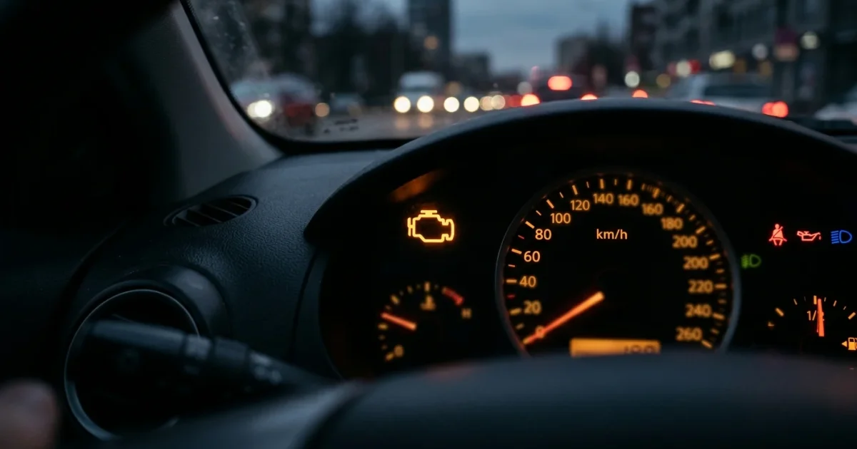 Žlutá kontrolka motoru svítí na přístrojovém štítu auta za soumraku