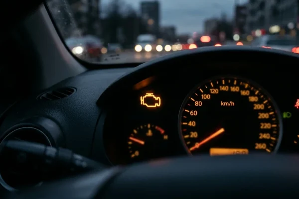 Žlutá kontrolka motoru svítí na přístrojovém štítu auta za soumraku