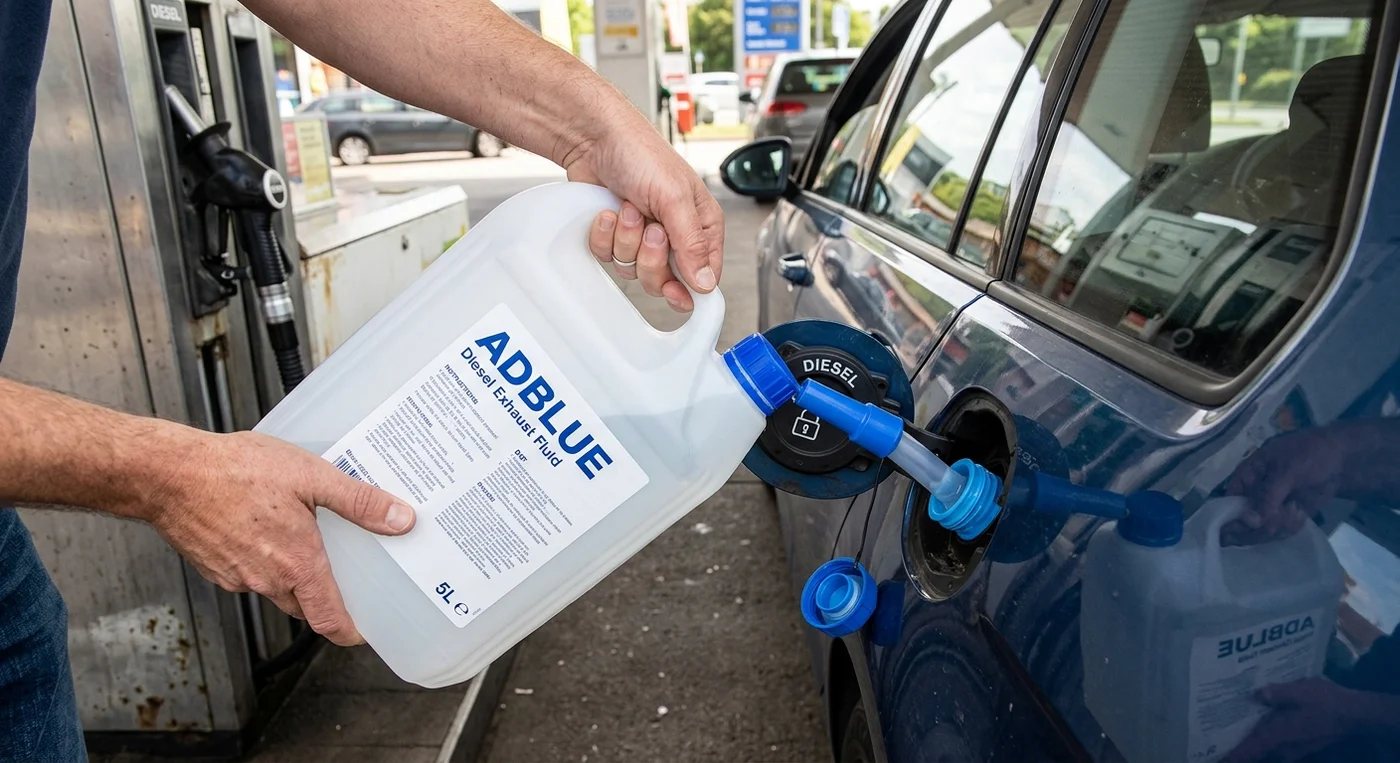 Doplňování kapaliny AdBlue z kanystru do nádrže vozu na čerpací stanici