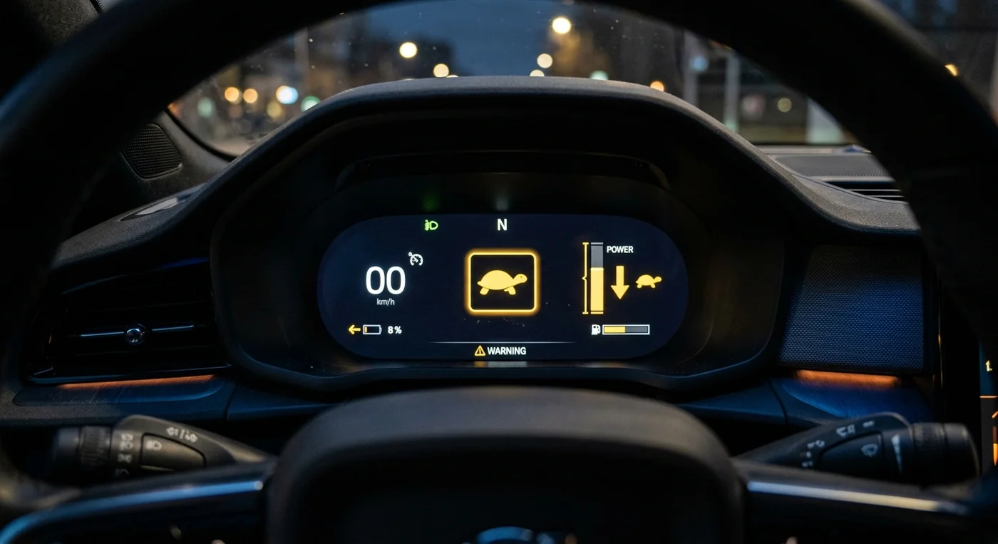 Digitální přístrojový štít elektromobilu se žlutým symbolem želvy signalizujícím omezený výkon