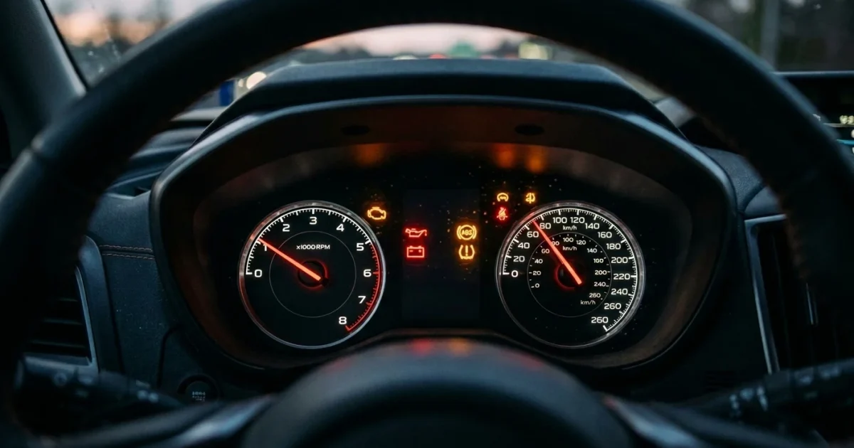 Přístrojový štít auta s rozsvícenými výstražnými kontrolkami - check engine, olej, baterie, ABS a TPMS