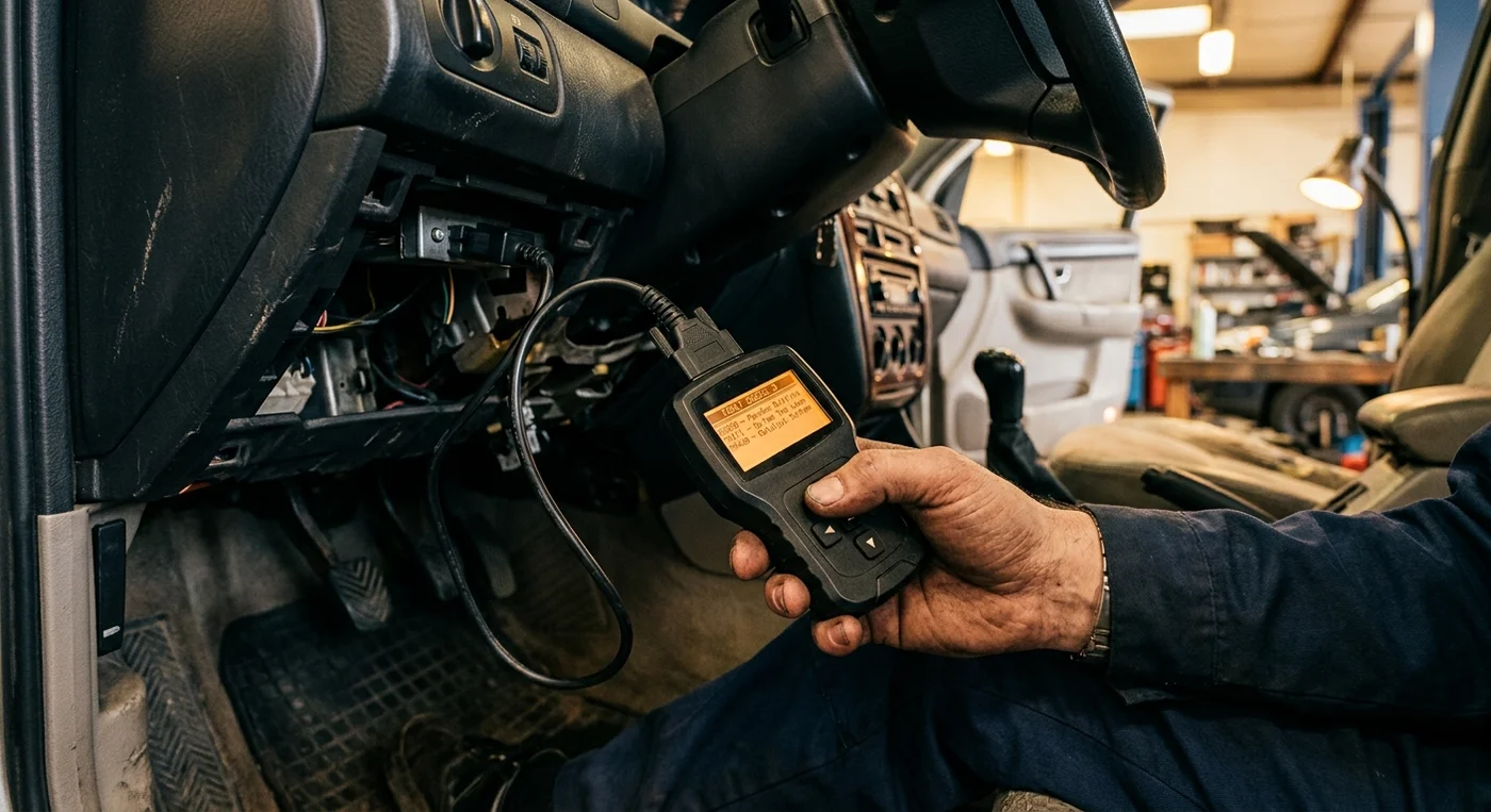 Mechanik čte chybové kódy z řídicí jednotky auta pomocí OBD2 diagnostiky