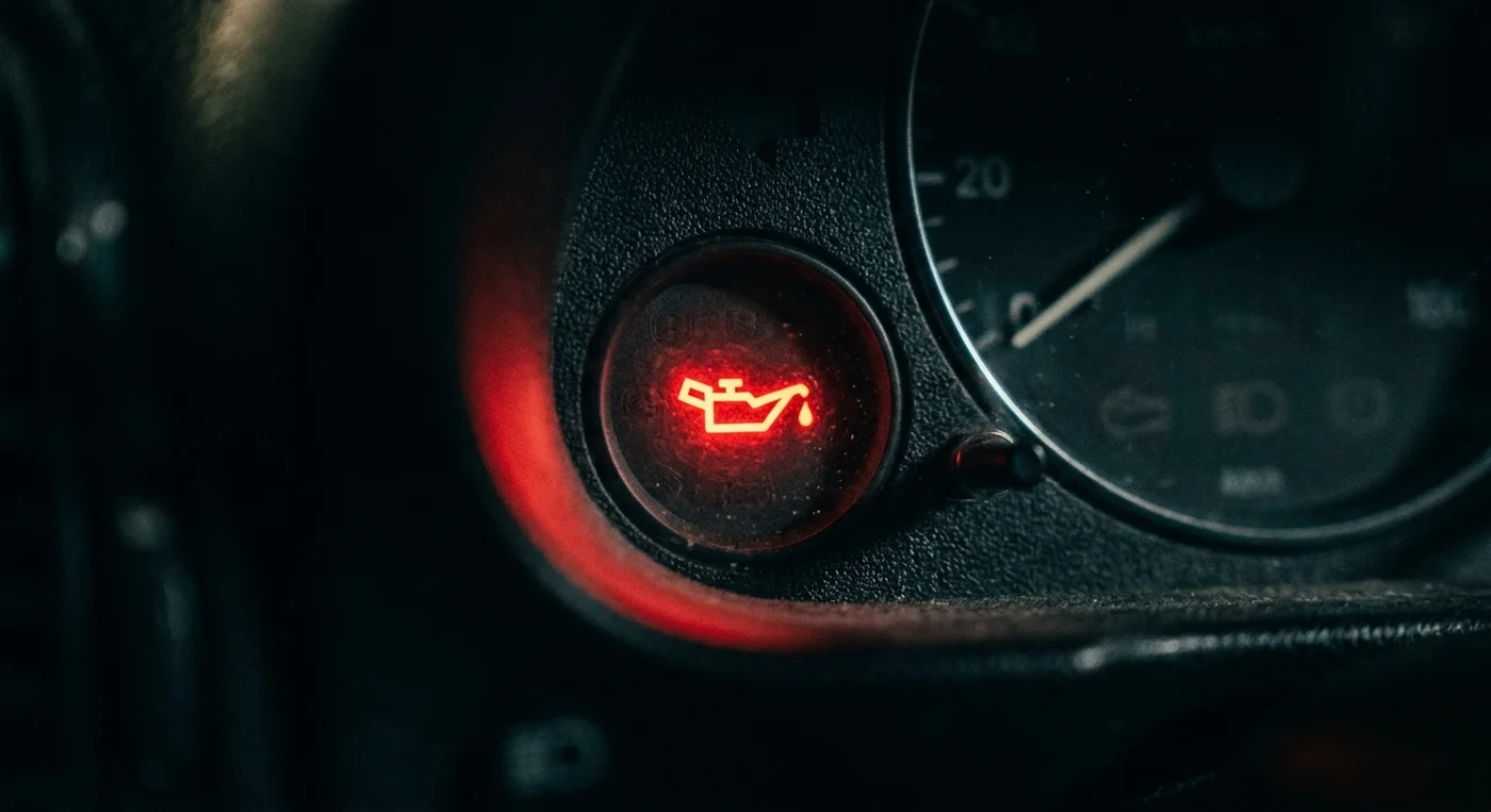 Červená kontrolka tlaku motorového oleje svítící na přístrojovém štítu auta